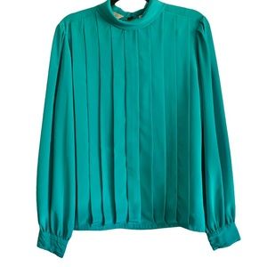 Vintage 80’s Mock Neck Pleat Front Blouse Bishop Sleeves Green
